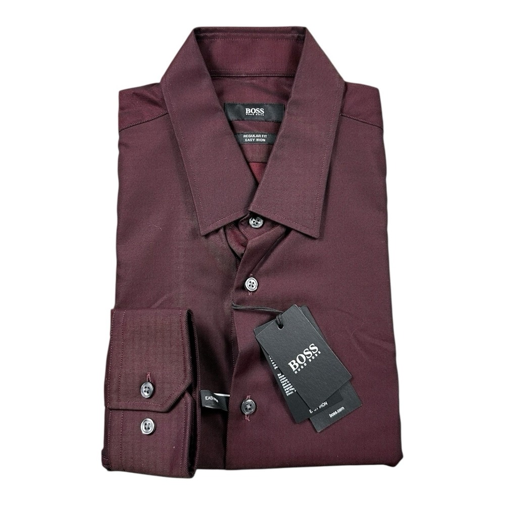 Hugo Boss Enzo Dress Shirt Maroon Dark Red Regular Fit Easy Iron 16 34/35 NWT
